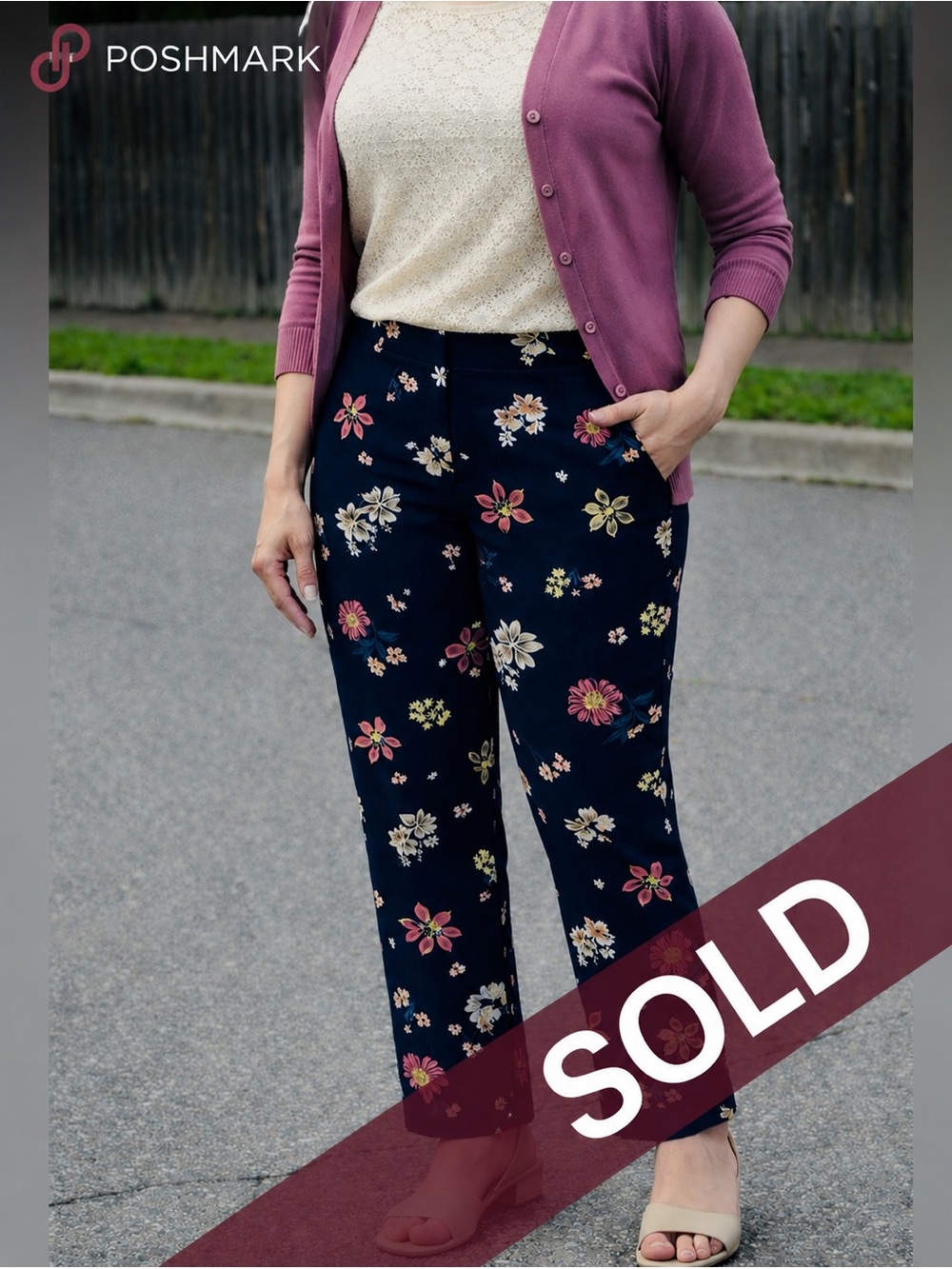 SOLD - Carolina Belle Floral Pants Womens 14 Blue Stretch Straight Leg